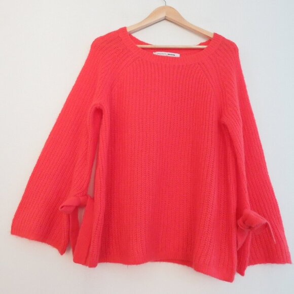 NAADAM Open Knit Bell Sleeve Tied Sweater in Coral Pink Bright - Size S - Picture 12 of 14